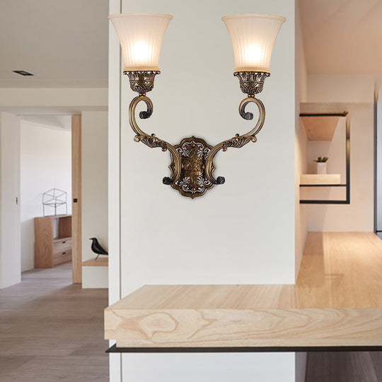 Traditional Brass Wall Sconce Lamp With 2 Curvy Arm Lights And Bell White Glass Shade