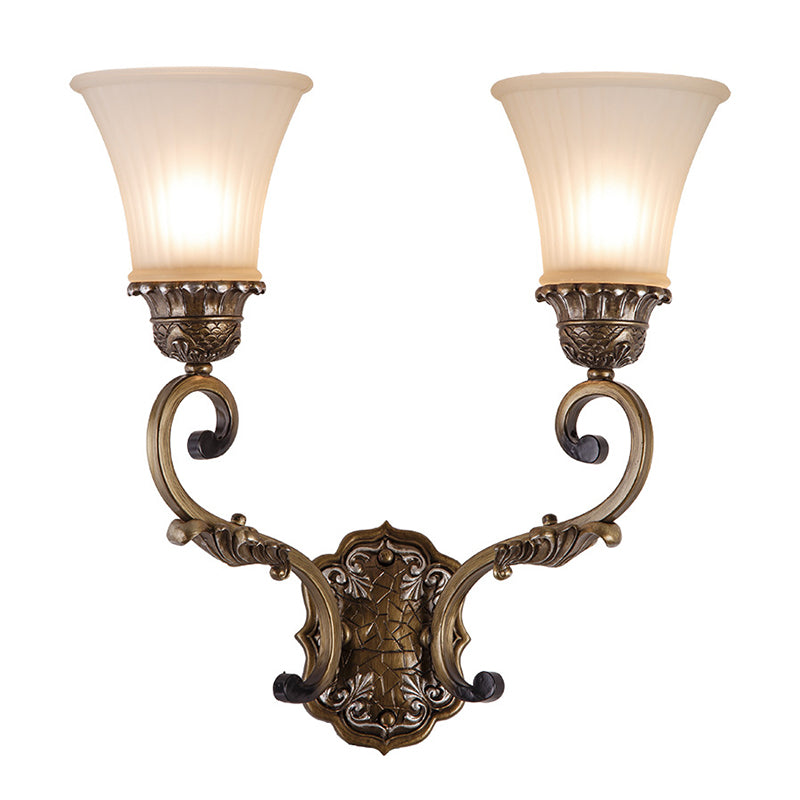 Traditional Brass Wall Sconce Lamp With 2 Curvy Arm Lights And Bell White Glass Shade