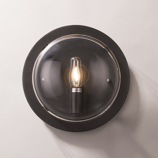 Retro Black Metal Drum Flush Mount Wall Sconce With Clear Glass Shade - 1 Light Living Room Lamp