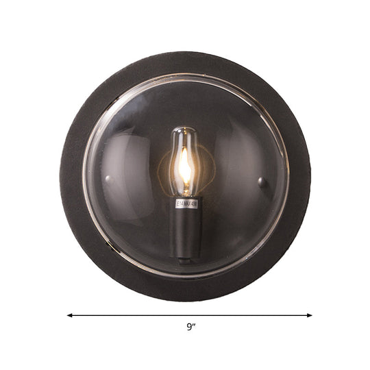 Retro Black Metal Drum Flush Mount Wall Sconce With Clear Glass Shade - 1 Light Living Room Lamp