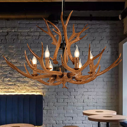 Antler Design Hanging Chandelier: Rustic 6-Light Pendant Lamp In Brown