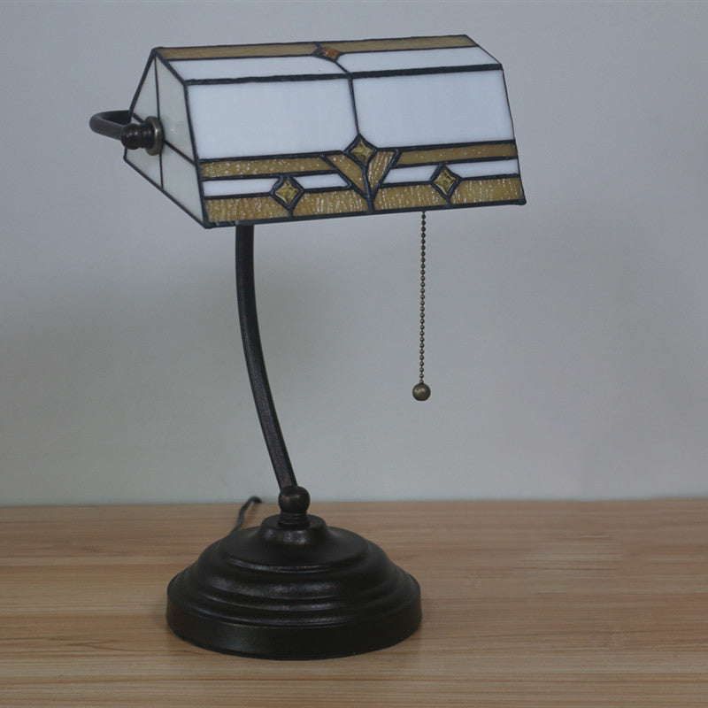 Stained Glass Tiffany Style Nightstand Table Light - White Gem-Like Single Head With Pull Chain