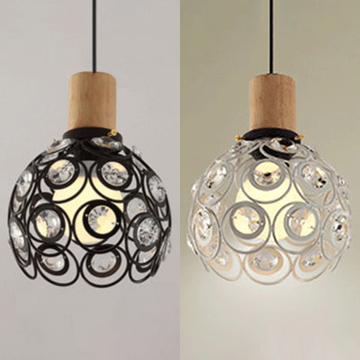 Industrial Dome Hanging Ceiling Light with Crystal Bead Deco - 1 Head Pendant Light in Black/White for Restaurants