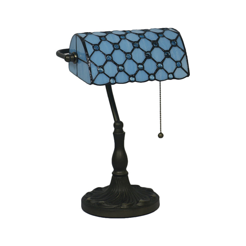 Mediterranean Beige/Blue Glass Jeweled Night Table Lamp With Black Nightstand For Bedroom