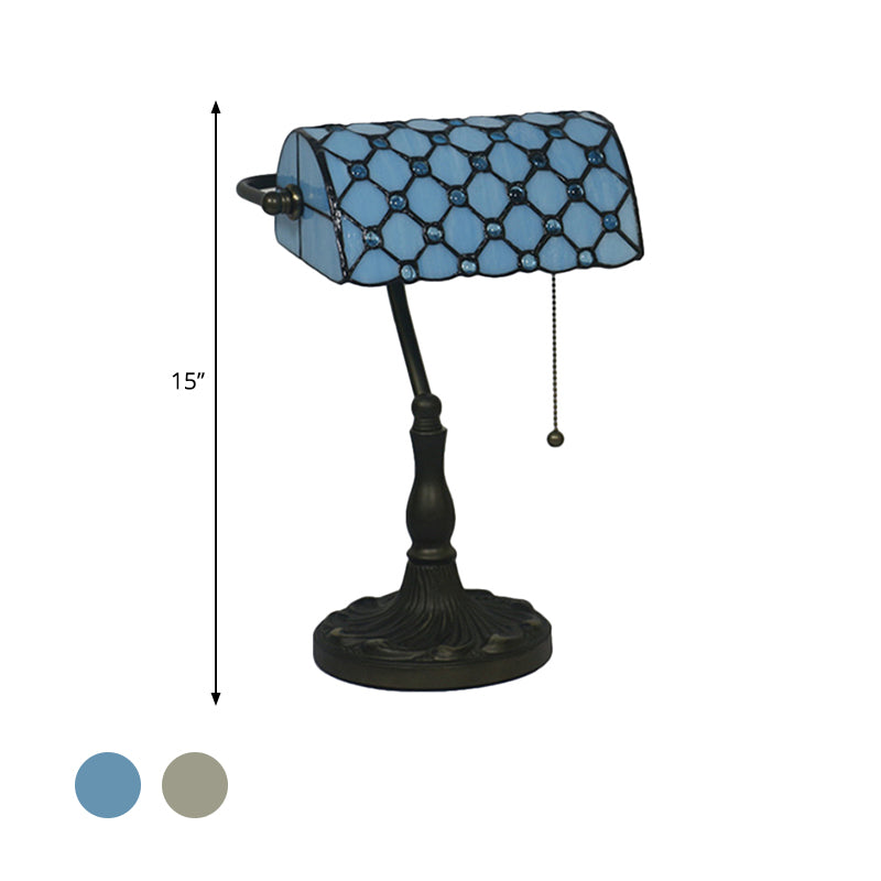 Mediterranean Beige/Blue Glass Jeweled Night Table Lamp With Black Nightstand For Bedroom