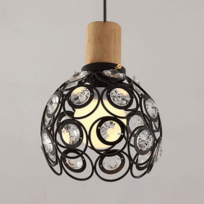 Industrial Dome Ceiling Light With Clear Crystal Bead Deco Pendant In Black/White For Restaurant