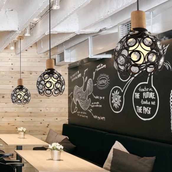 Industrial Dome Hanging Ceiling Light with Crystal Bead Deco - 1 Head Pendant Light in Black/White for Restaurants