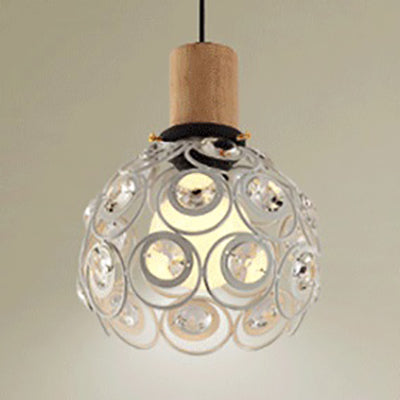 Industrial Dome Ceiling Light With Clear Crystal Bead Deco Pendant In Black/White For Restaurant