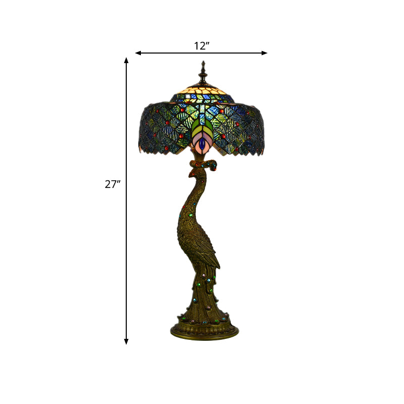 Tiffany Style Stained Glass Peacock Feather Night Table Light - Brass Finish