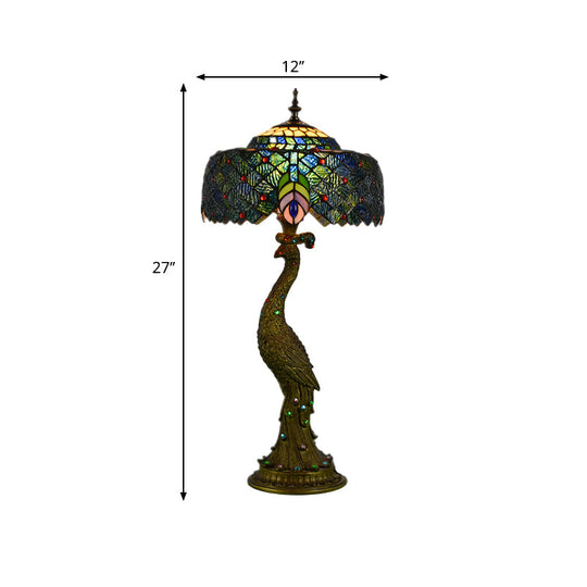 Tiffany Style Stained Glass Peacock Feather Night Table Light - Brass Finish