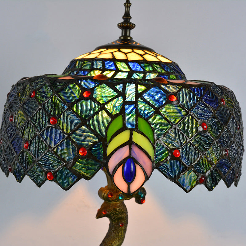 Tiffany Style Stained Glass Peacock Feather Night Table Light - Brass Finish