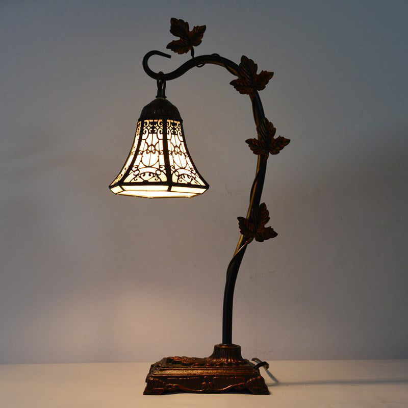 Mediterranean Rose/White Dragonfly Nightstand Lamp With Bridge Arm - Stained Glass Single Head Brown