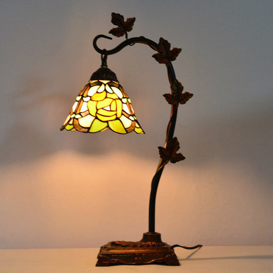 Mediterranean Rose/White Dragonfly Nightstand Lamp With Bridge Arm - Stained Glass Single Head Brown