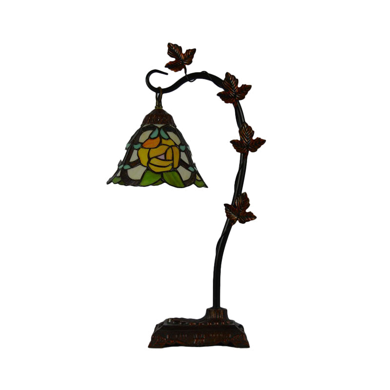 Mediterranean Rose/White Dragonfly Nightstand Lamp With Bridge Arm - Stained Glass Single Head Brown