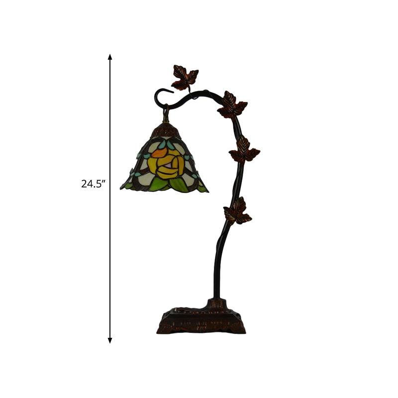 Mediterranean Rose/White Dragonfly Nightstand Lamp With Bridge Arm - Stained Glass Single Head Brown