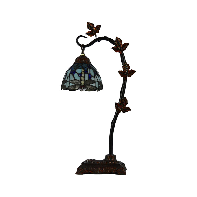 Mediterranean Rose/White Dragonfly Nightstand Lamp With Bridge Arm - Stained Glass Single Head Brown