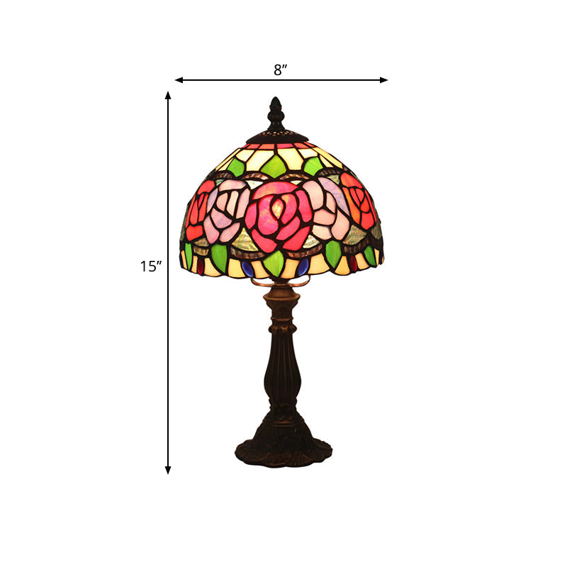 Antique Brass Single Head Night Table Lamp With Mediterranean Stained Glass In Pink Rose/Red