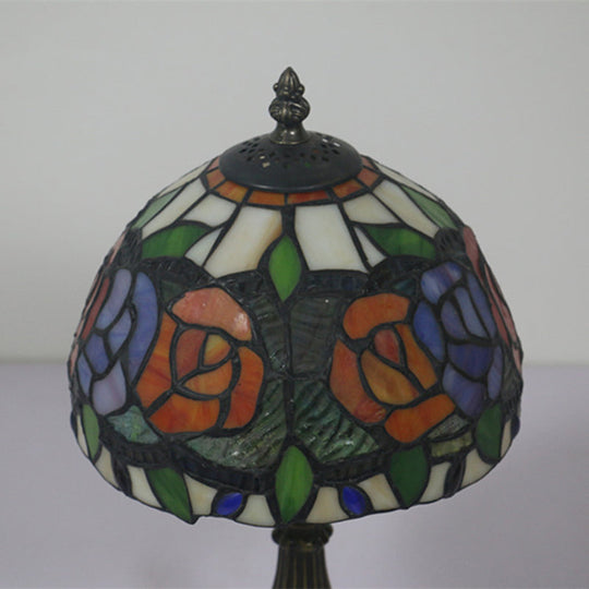 Antique Brass Single Head Night Table Lamp With Mediterranean Stained Glass In Pink Rose/Red