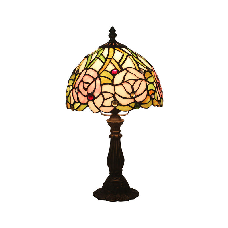 Antique Brass Single Head Night Table Lamp With Mediterranean Stained Glass In Pink Rose/Red