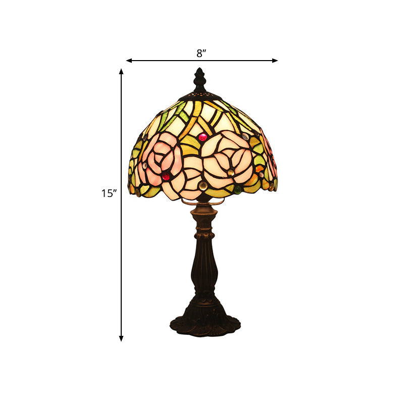 Antique Brass Single Head Night Table Lamp With Mediterranean Stained Glass In Pink Rose/Red