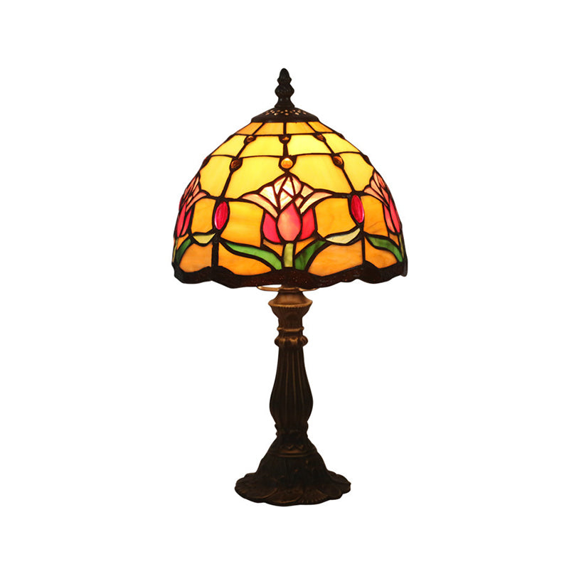 Antique Brass Single Head Night Table Lamp With Mediterranean Stained Glass In Pink Rose/Red