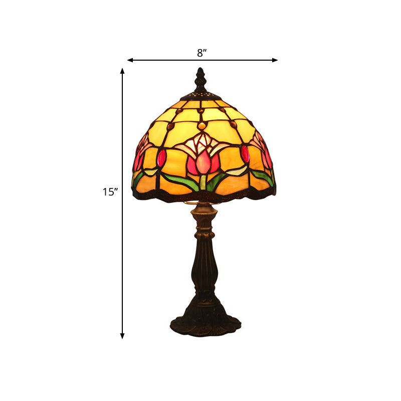 Antique Brass Single Head Night Table Lamp With Mediterranean Stained Glass In Pink Rose/Red