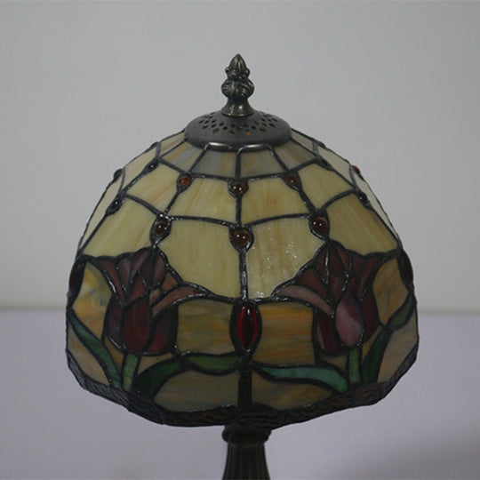 Antique Brass Single Head Night Table Lamp With Mediterranean Stained Glass In Pink Rose/Red