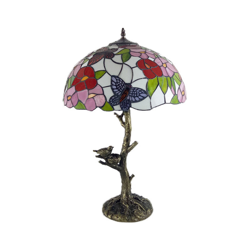 Brass Table Lamp: Stained Glass Leaf/Rose/Peony Tiffany Style Perfect For Bedroom Nightstand