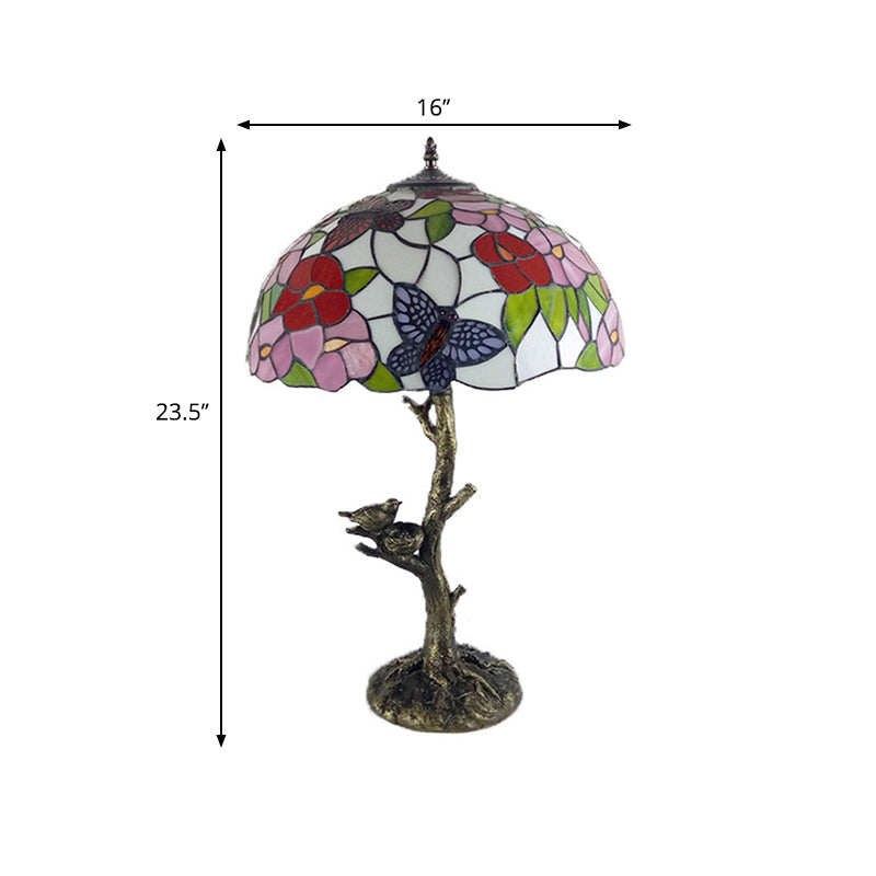 Brass Table Lamp: Stained Glass Leaf/Rose/Peony Tiffany Style Perfect For Bedroom Nightstand