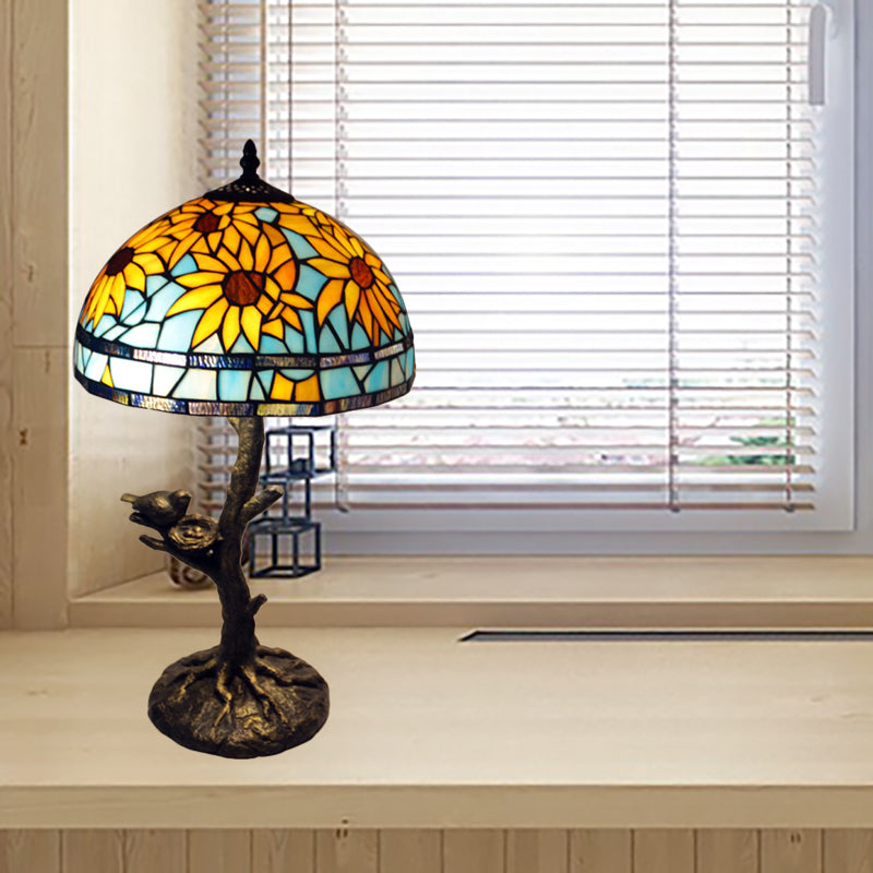 Mediterranean Stained Glass Table Lamp: Sunflower Design Antique Brass 1 Light