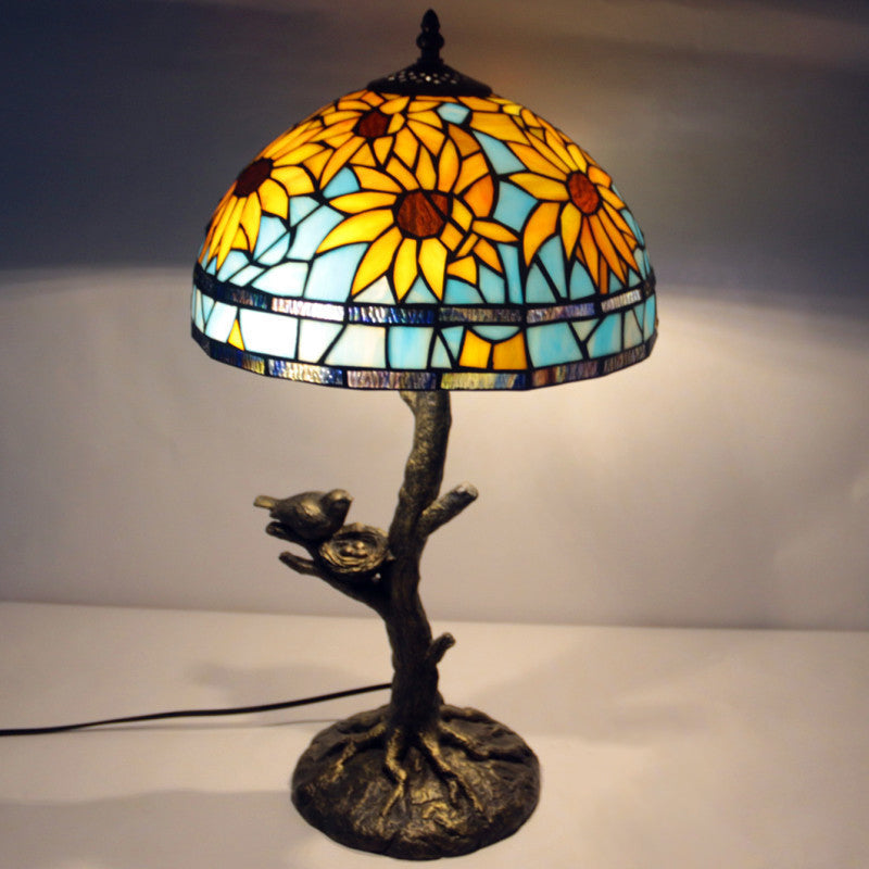 Mediterranean Stained Glass Table Lamp: Sunflower Design Antique Brass 1 Light