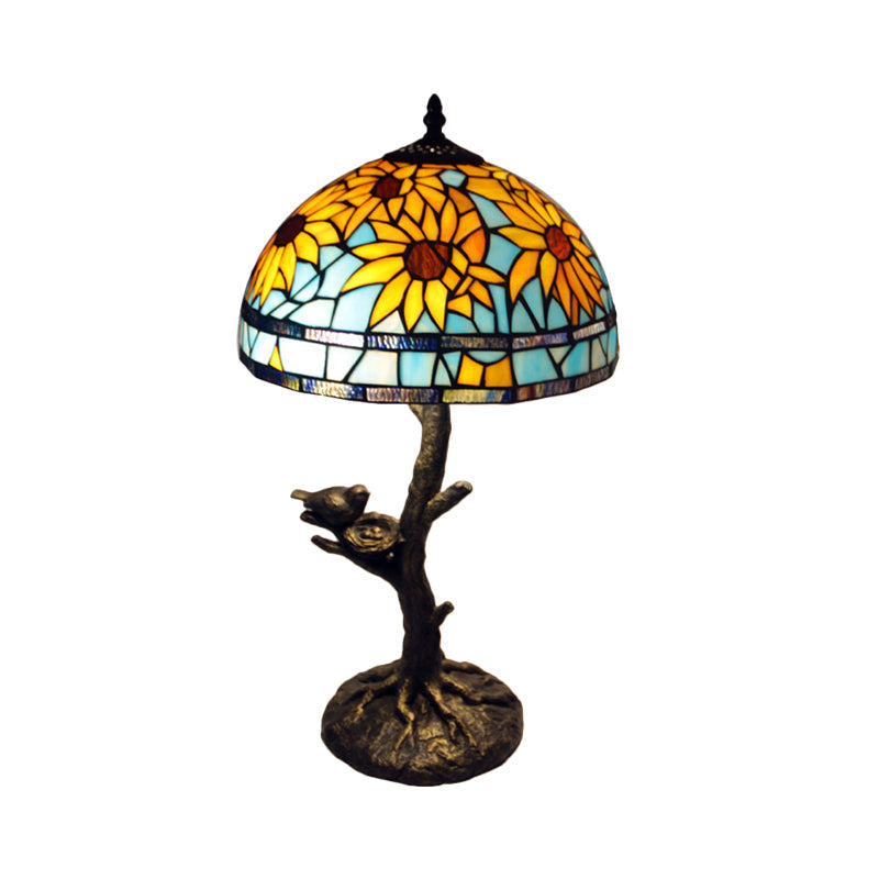 Mediterranean Stained Glass Table Lamp: Sunflower Design Antique Brass 1 Light