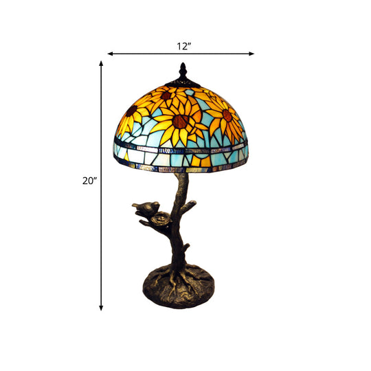 Mediterranean Stained Glass Table Lamp: Sunflower Design Antique Brass 1 Light