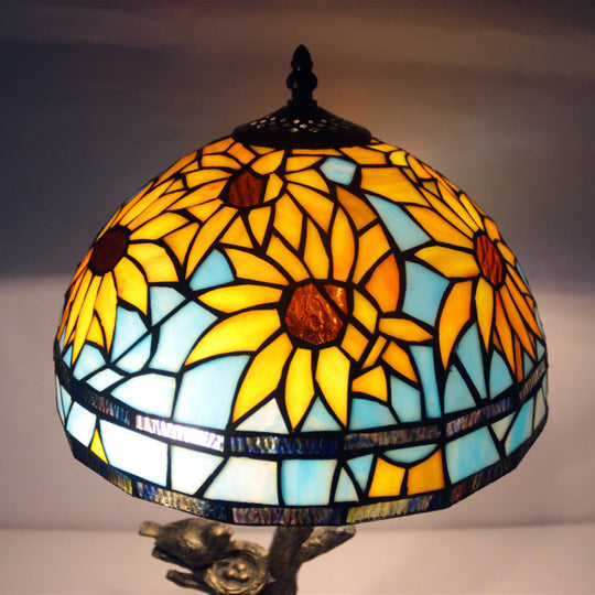 Mediterranean Stained Glass Table Lamp: Sunflower Design Antique Brass 1 Light