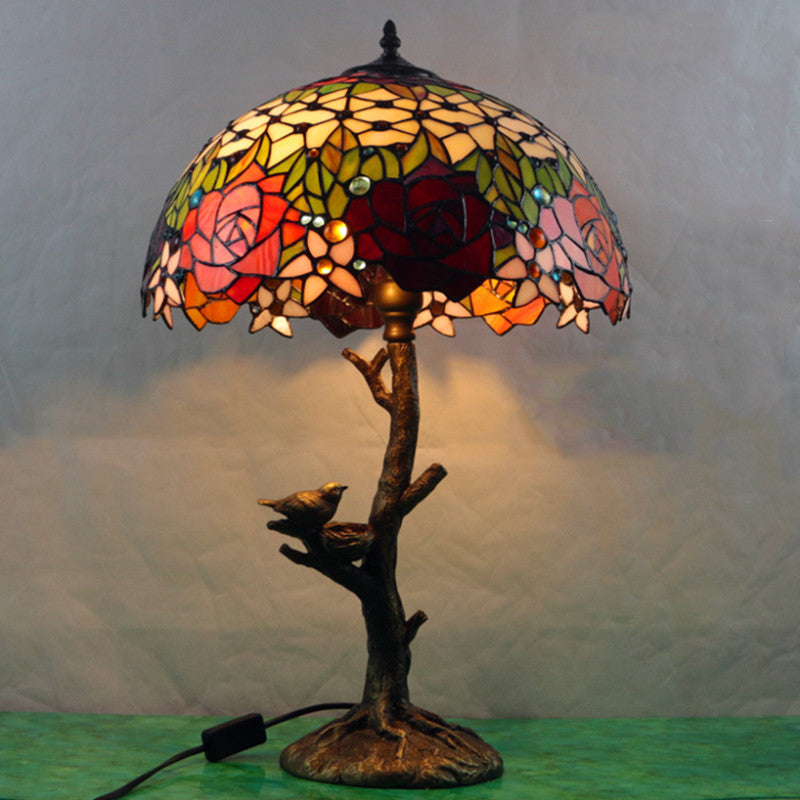 Antique Brass Single Light Nightstand Lamp With Stained Glass Rose Dragonfly And Victorian Design