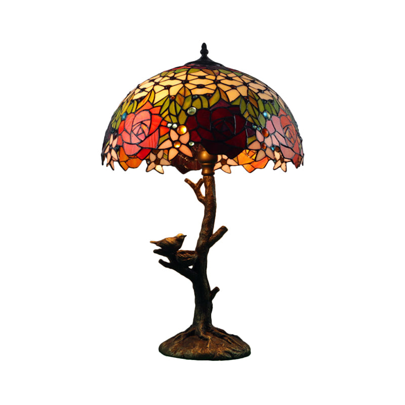 Antique Brass Single Light Nightstand Lamp With Stained Glass Rose Dragonfly And Victorian Design