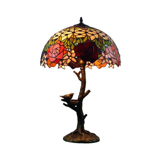 Antique Brass Single Light Nightstand Lamp With Stained Glass Rose Dragonfly And Victorian Design