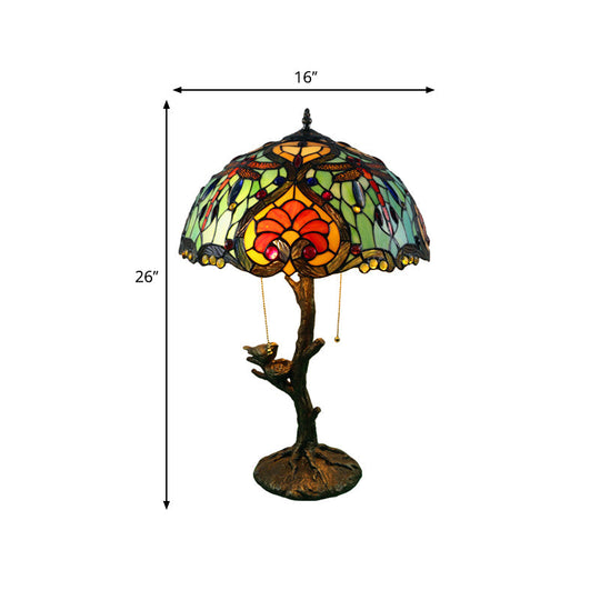 Antique Brass Single Light Nightstand Lamp With Stained Glass Rose Dragonfly And Victorian Design