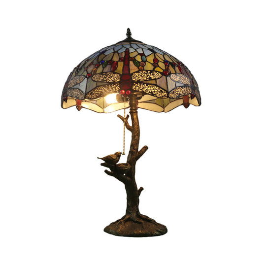 Antique Brass Single Light Nightstand Lamp With Stained Glass Rose Dragonfly And Victorian Design