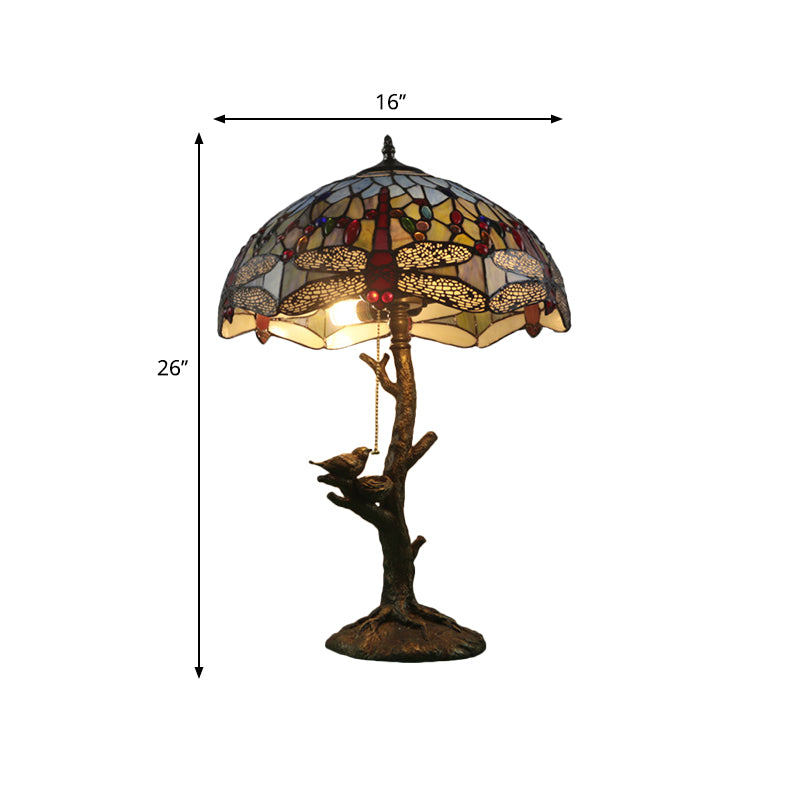 Antique Brass Single Light Nightstand Lamp With Stained Glass Rose Dragonfly And Victorian Design