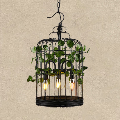 3-Head Pendant Light - Lodge Stylish Metal Hanging Chandelier with Wire Cage in Black for Restaurants