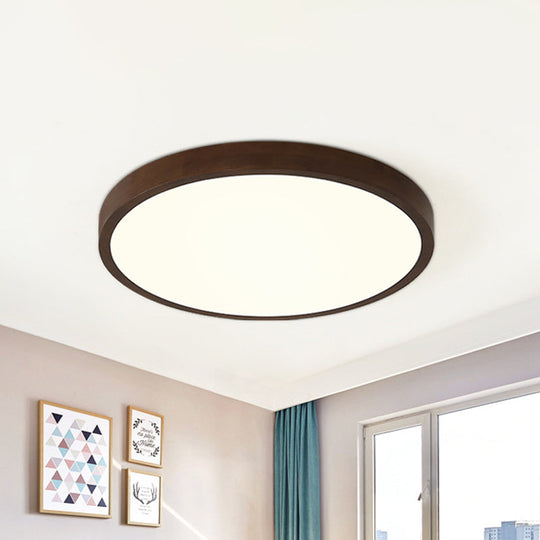 Sleek Brown Round Ceiling Flush Light - 12/16/19.5 Wide Nordic Led Wooden Flushmount In