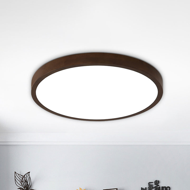 Sleek Brown Round Ceiling Flush Light - 12/16/19.5 Wide Nordic Led Wooden Flushmount In