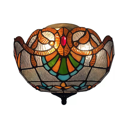 Baroque Stained Glass Ceiling Light - Elegant 2-Light Flush Mount In Aged Brass With Jewel