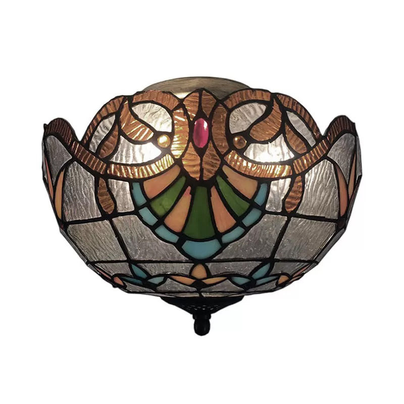 Baroque Stained Glass Flush Mount Ceiling Light, Aged Brass Finish with Jeweled Décor, Ideal for Bedroom (2-Light)