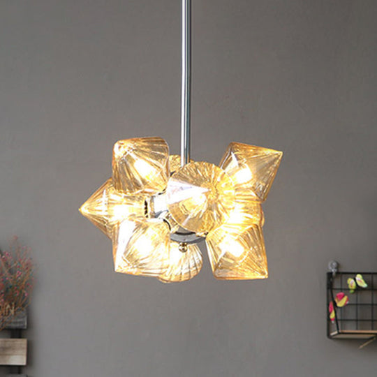 Contemporary Chrome Diamond Chandelier Lamp - 9/12 Bulb Amber Glass Ceiling Fixture