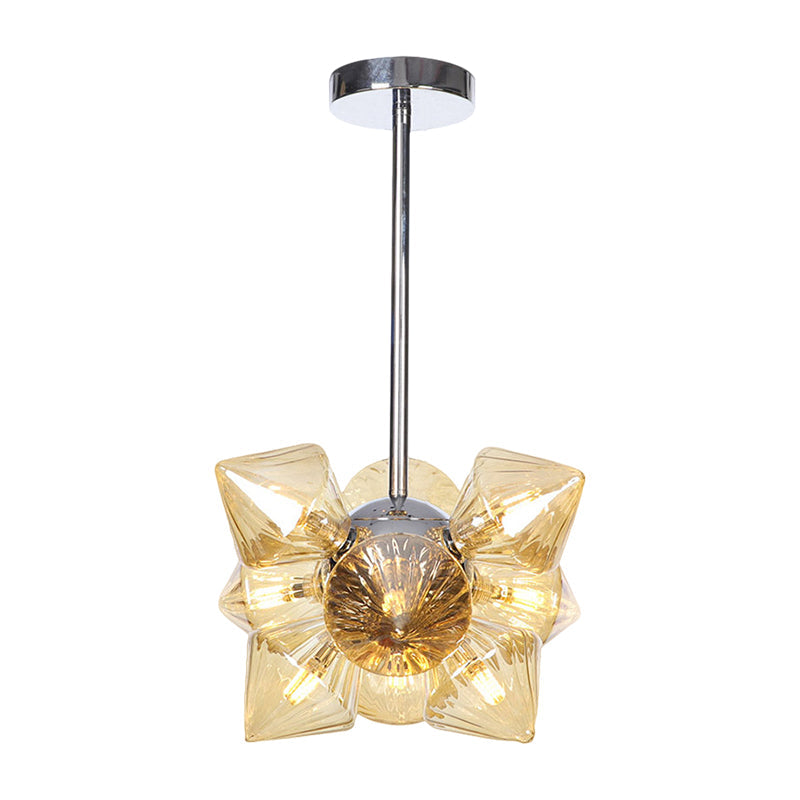 Contemporary Chrome Diamond Chandelier Lamp - 9/12 Bulb Amber Glass Ceiling Fixture