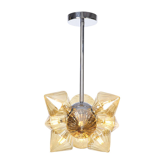 Contemporary Chrome Diamond Chandelier Lamp - 9/12 Bulb Amber Glass Ceiling Fixture