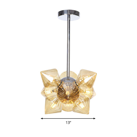 Contemporary Chrome Diamond Chandelier Lamp - 9/12 Bulb Amber Glass Ceiling Fixture