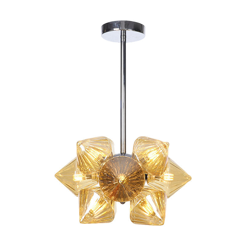 Contemporary Chrome Diamond Chandelier Lamp - 9/12 Bulb Amber Glass Ceiling Fixture